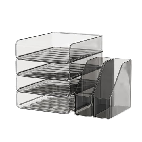 FANXIYQ 4-Tier Acrylic Paper Tray Organizer with Bookends | Clear Stackable Desk Organizer for Documents, Letters, A4 Paper | Modern Office/Classroom/Home Organization,Brown - color: Brown, size: 15.5" x 12.6" x 11"