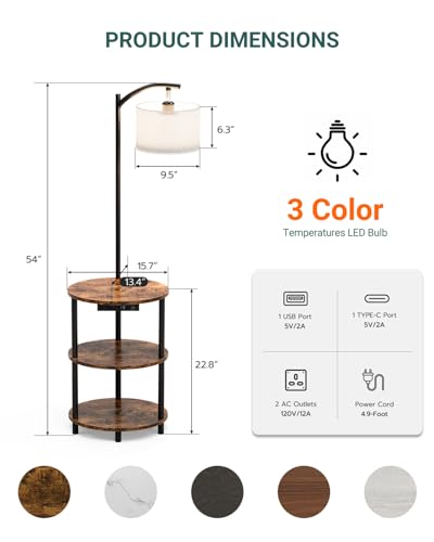Round Side Table with Lamp and USB Ports, 3-Tier Small End Table for Living Room & Bedroom, Rustic Wood Metal Nightstand for Small Spaces, Easy to Assemble, Rustic Brown - color: Rustic Brown, size: 1-Pack, style: Built-in Charging + Lighting
