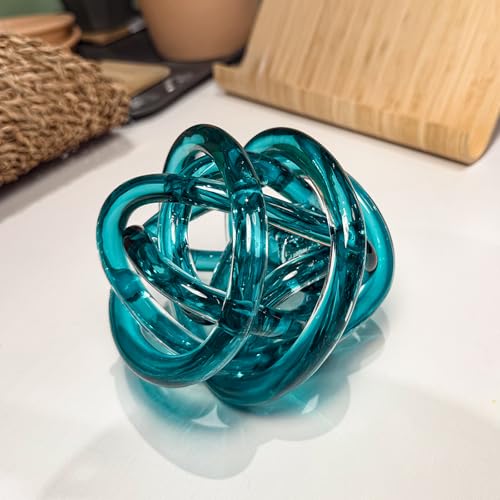 Glass Knot Teal Decor Ball - 5 Inch Hand Blown Infinity Sculpture Orbit Home Decor Table Decoration Interio Art - color: Lake Green, size: 5-Inch Diameter