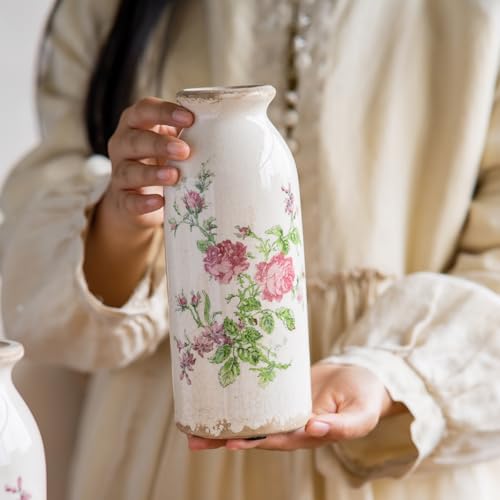 Vintage Rose-Floral Small Ceramic Vase Set, Retro Rustic Farmhouse Cute Flora Vase Gift, Art Décor for Your Home, Kitchen, Bedroom, Office, Living Room, Bathroom & Shelf Centerpiece Table Decorations - color: Pink Flora, size: set of 2