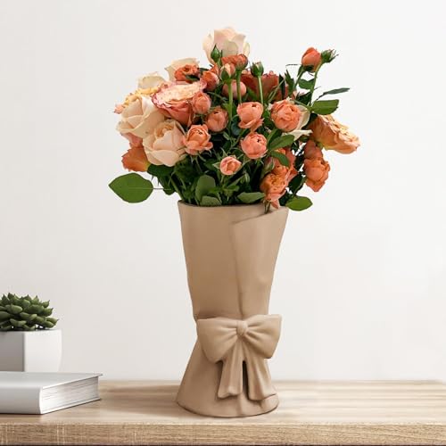Relexome Beige Ceramic Bow Vase 9.64 in Unique Cute Modern Decorative Bouquet Flower Vases for Home Living Room Table Decor Women Girl Gifts - color: Beige