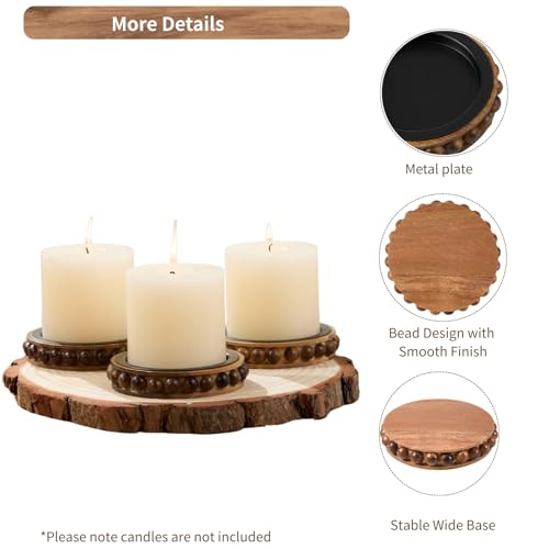 Wooden Candle Holders for Pillar Candles, Set of 3 Acacia Wood Beaded Plate with Metal Cup Inserts, 4 Inch Rustic Farmhouse Tray Stand for Fireplace Mantel, Table Centerpiece Decor - color: Acacia Wood
