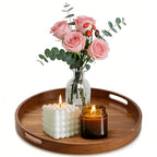 Rustic Wood Serving Tray with Handles - 11.8" Round, Decorative Tray for Kitchen Living Room Coffee Table Candle Display Breakfast in Bed, Multi-Functional Food & Beverage Wooden Tray, Farmhouse Style
