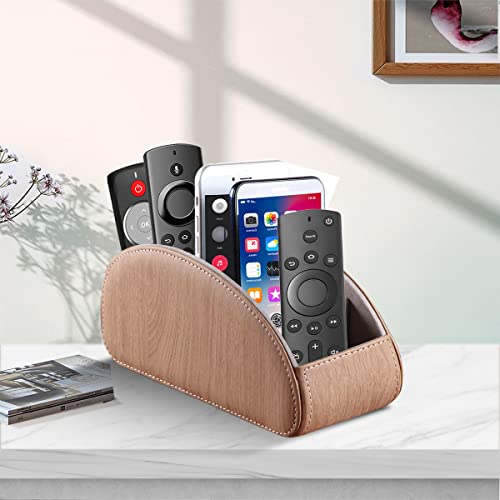 All-in-One Leather TV Remote Control Holder with 5 Compartments Nightstand Desktop Air Conditioner Media Player Remote Caddy Storage Box Organizer Tray For Makeup Brush Pen Stationary Table Controller - color: Khaki, size: Large