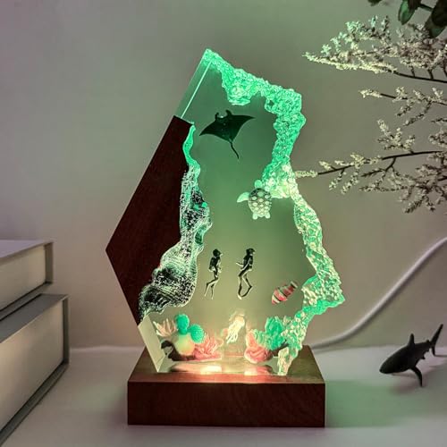 Handmade 3D Ocean Resin Lamp - USB Powered Resin Ocean Night Light with Wooden Base, Variable Lights, Scuba Diver Gifts, Diving Enthusiast Collectibles, Unique Birthday Holiday Gifts for Men & Women - color: Scuba Diver-1, size: M