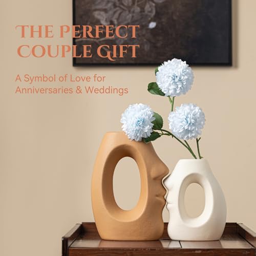 Beige & Brown Ceramic Vases for Home Decor, Modern Abstract Face Vase Set of 2, Unique Boho Flower Vases for Living Room, Office, Entryway, Wedding for Couple, Home Gifts for Friends - color: Art in the Kiss