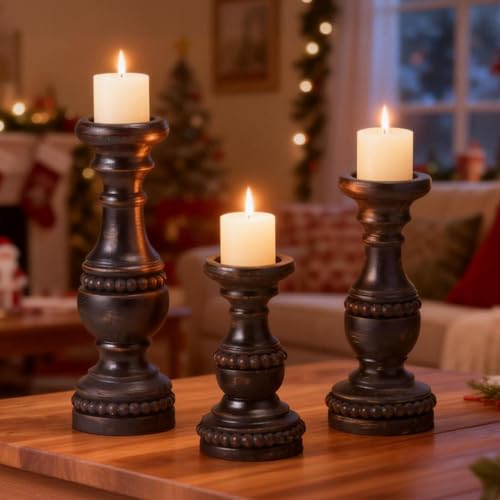 Solid Wood Candle Holder, Farmhouse Candle Holder for Pillar Candle Set of 3, Rustic Wooden Candle Stand, Vintage Small Wooden Candlestick Holders Decorative for Living Room, Table Centerpiece - color: Charcoal Black