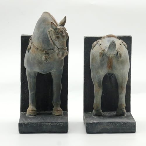 Lukitas Tang Horse Decorative Bookends, Heavy Duty Non-Slip Book Holders, Vintage Artistic Ornaments for Office Home Bookshelf Decor, Resin - color: Tang Horse