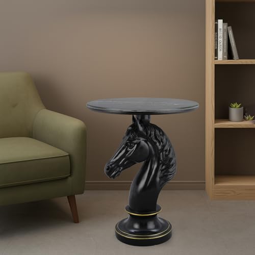 Modern Accent Table Living Room Horse Statue Black Contemporary‌ Faux Marble Night Stand Side Table with Horse Head Base Reception Area & Bedroom（Width 19.69" ——Tall 24.8"） - color: Black Horse Head Table