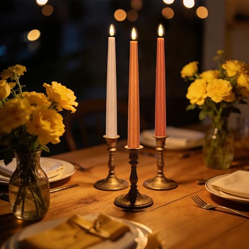 Flameless Taper Candles with Remote, 9.6" Battery Operated Flickering LED Candlesticks, Real Wax Warm Earth Tone Taper Candles for Wedding Centerpieces, Dinner Table, Mantel, Window, 3 Pack - color: Gradient Orange