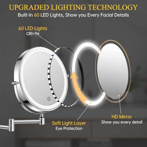 FUNTOUCH Rechargeable Wall Mounted Makeup Mirror with Lights,5000mAh Double Sided 3X/20X Magnifying,3 Color Lights,Touch Dimmable, Extended Arm 360 Rotation Lighted Bathroom Mirror with Magnification - color: Chrome