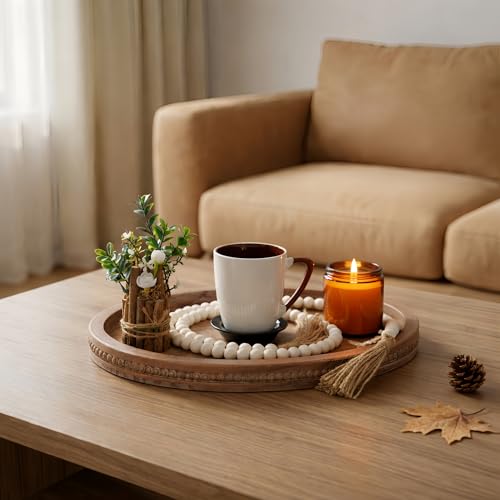 16" x 11.8" Oval Wood Decorative Tray with 58" Bead Garland, Farmhouse Coffee Table & Kitchen Island Décor, Rustic Brown Entryway Console Tray for Styling, Candles & Small Items