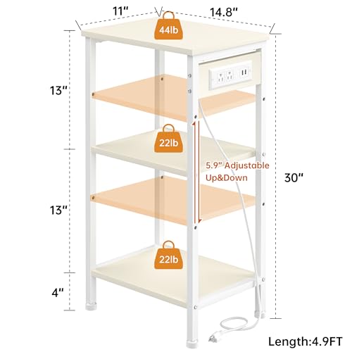 Asgolion Tall End Table with Charging Station, 3 Tier Narrow Tall Nightstand with Storage, Slim Side Table for Bedroom, Living Room, Nursery, Office, Cream White - color: Cream White, style: With Outlet