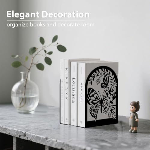 2pcs Book Ends for Shelves Butterfly Flower Metal Bookends Reading Decorative Book Stoppers Large Book End Black Used on Desk Office for Small Large Heavy Books - style: Butterfly with Flower