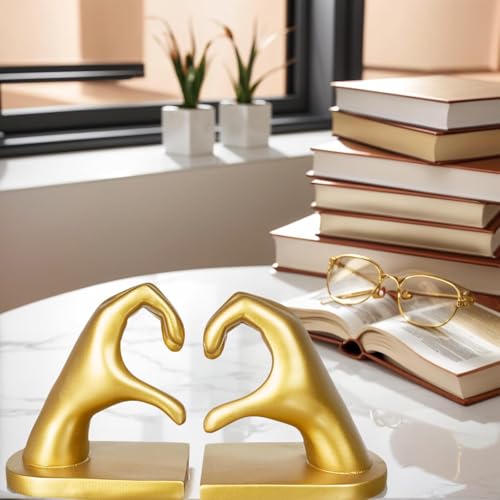 1Pair/2Piece Gold Heart Hands Book Ends, Non-Slip Heavy Duty Bookends for Shelves, Unique Sculptural Book Stopper for Home Bedroom, Living Room & Office Desk Decor