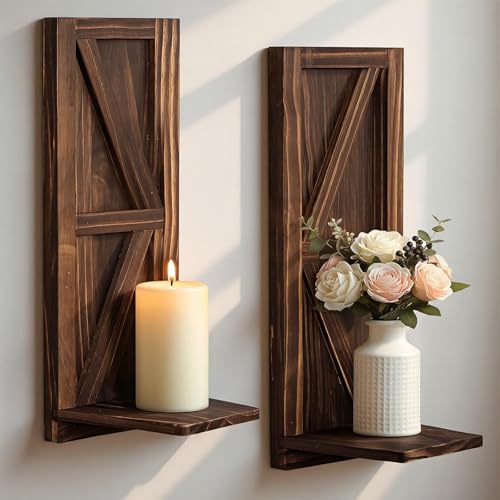 Candle Sconces Set of 2: Farmhouse Wall Candle Holder, Brown Wood Wall Sconces Set of Two,Handmade Wooden Art Decor for Living Room, Dining Room, Bathroom, Bedroom, or Entryway, 15.7"x5"