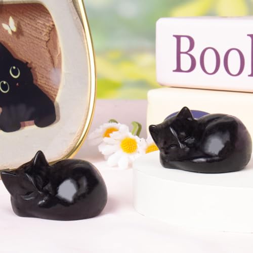Black Obsidian Sleeping Cat Statue,1.6 Inch Crystal Carved Cat Figurine Home Office Desk Decor,Zen Meditation Gift for Cat Lovers,Feng Shui Luck Charm - color: Black Obsidian Sleeping Cat