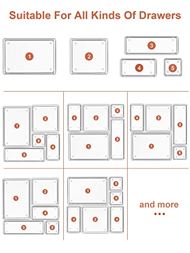 SMARTAKE 13-Piece Drawer Organizer with Non-Slip Silicone Pads, 5-Size Desk Drawer Organizer Trays Storage Tray for Makeup, Jewelries, Utensils in Bedroom Dresser, Office and Kitchen (Clear) - style: 13 PCS