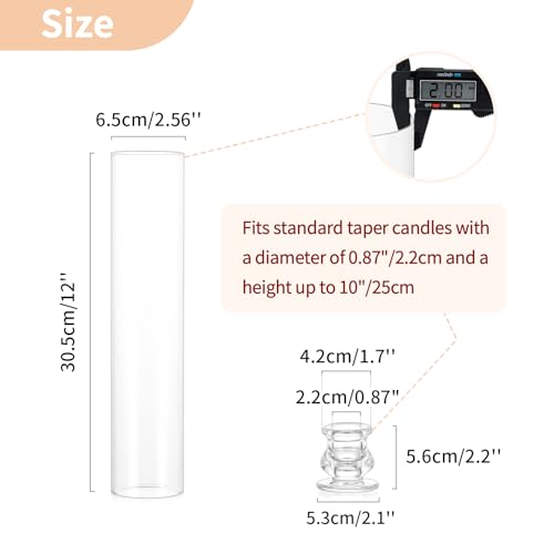 NUPTIO Taper Candle Holders Glass: Set of 2 Clear Hurricane Candlestick Holder - Fluted Candles Stick Stand with Tall Windproof Cylinder Cover for Thanksgiving Christmas Decor