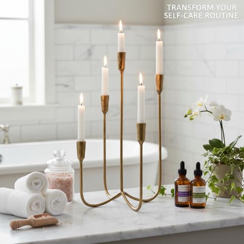 Candelabra for 5 Taper Candles – Hand-Forged Candle Holder with Elegant Vintage Finish – Decorative Centerpiece for Dining Room, Living Room or Mantel Decor（Brass Color-Straight） - color: Brass Color