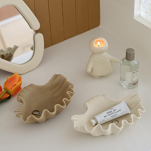 WENSHUO Ocean Shell Ceramic Decorative Bowl, Jewelry Dish for Rings, Trinkets, Crème (Matte Crème)