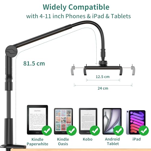 PlusAcc for Tablet Holder with Remote Page Turner – Gooseneck Stand for Reading in Bed, Hands-Free Desk Bedside Stand, Lazy Arm with Clicker Compatible with iPad, Tablets 4-11 Inches, Smartphones