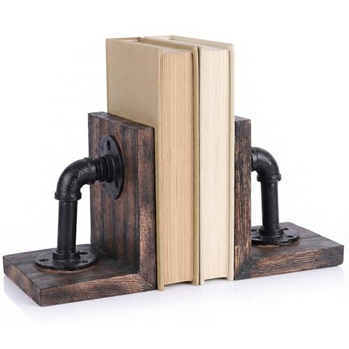 Industrial Decor Book Ends - Steampunk Decor Book Ends for Shelves, Resin Book Ends for Heavy Books, Mens Office Decor Bookends for Shelves, Unique Vintage Pipe Decorative Bookends - color: Black Brown