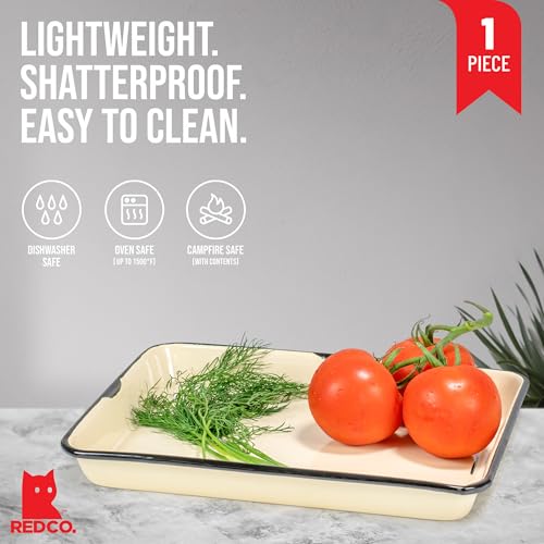 Red Co. 11 x 9 Enamelware Metal Classic 2 Quart Rectangular Serving Tray, Distressed Cream/Black Rim - color: Distressed Cream/Black Rim