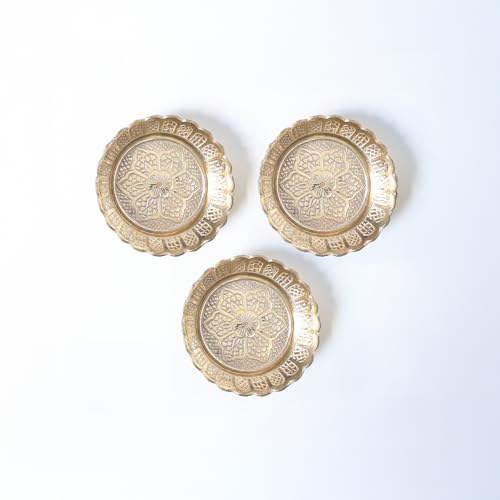 Shubhkart Solid Brass Decorative Nakshi Plate Set for Puja, Decoration & Diwali Gifting (Small 7 cm, Pack of 3, Solid Brass) - size: Small (Pack of 3)