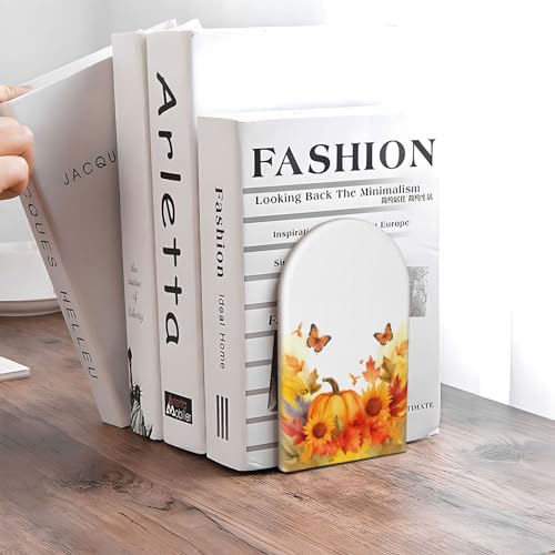 Fall Pumpkins Maple Leaf L-Shaped Book Ends 1 Pair Wood Bookends Autumn Thanksgiving Book End Supports for Heavy Book Shelf Holder Home Decorative - color: Fall Pumpkins Maple Leaf