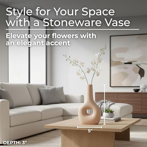 Ceramic Vase – Flower Holder for Stems and Greenery, Living Room, Bedroom, or Entryway Tabletop Decor, Modern Boho Hollow Design Home Decor Accent for Shelves and Consoles – 9", Ivory & Tan - color: Ivory, size: 9.0" H