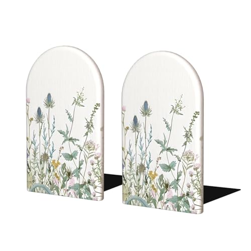 Decorative Bookends 2 Pcs Wildflowers Leaves Wood Bookends for Shelves Heavy Books Kids Non-Skid Book Ends Stoppers for Office Desk Kitchen School - color: Wildflowers Leaves