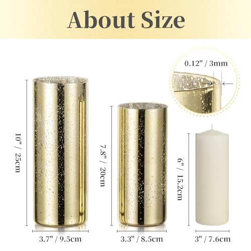 Glass Cylinder Vases Set of 12, Hewory Glittery Gold Vase for Centerpieces, Glass Hurricane Candle Holders for Pillar Floating Candle, Tall Round Vase for Wedding Anniversary Events Home Table Decor - color: Gold