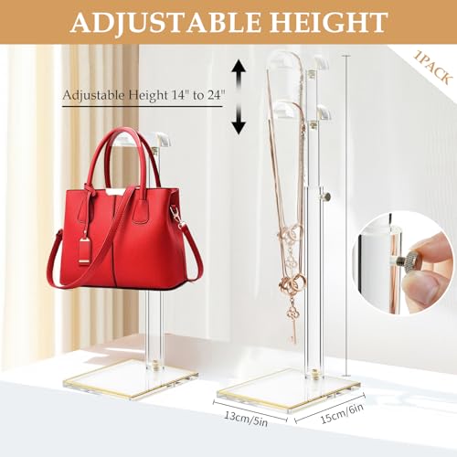 Acrylic Purse Display Stands, 14"-24" Adjustable Height Handbag Holder, Clear Purse Rack Stands for Closet Retail, Durable Gold Trim Hanging Bag Wallet Jewelry Necklace Organizer Stand(PATENT PENDING) - size: 1-Pack, L (13.5"-24")