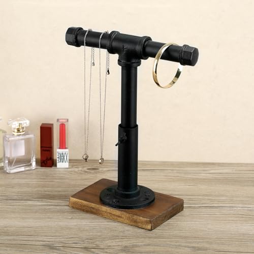MyGift Industrial Pipe Black Metal T-Bar Jewelry Bracelet & Necklace Adjustable Height Display Stand with Brown Wood Base - color: Black / Brown