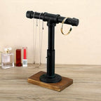 MyGift Industrial Pipe Black Metal T-Bar Jewelry Bracelet & Necklace Adjustable Height Display Stand with Brown Wood Base - color: Black / Brown