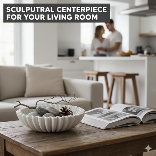 Hand-Poured Solid Concrete Decorative Bowl - Scalloped Ruffle Large Fruit Bowl, Organic Modern & Wabi Sabi Centerpiece for Kitchen Counter, Entryway Key Holder, Coffee Table Decor(10" Beige) - color: White