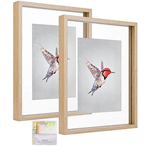 MUYE 11x14 Floating Frame Set of 2,Double Glass Rustic Frame,Display Any Size Photo up to 11x14,Wall Mount or Tabletop Standing,Natural - color: Natural, size: 11x14