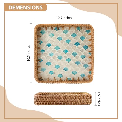 1 pcs Rectangle Rattan Serving Tray with Mother of Pearl Inlay, Decorative Wicker Tray for Coffee, Bread, Fruits, Elegant Table Decor for Living Room & Dining Room - color: Blue-blue Scale Pattern