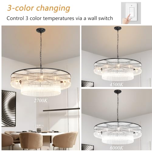 Black Glass Chandelier, Large Modern 2-Tier Glass Rod Chandelier Lighting for High Ceiling Foyer Hall Staircase, 12-Light Round Hanging Ceiling Light Fixture 39" - size: Large Black (39" x 70")