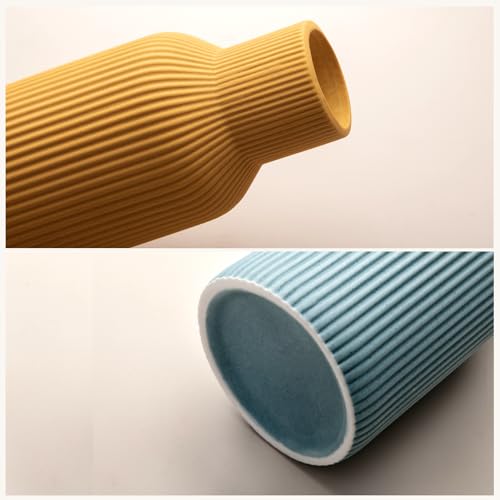 Colorful Ceramic Vases Set of 3 (White, Yellow, Blue) - Modern Matte Ribbed Color-Block Vases for Dried Flowers - Scandi Boho Decor Centerpieces for Living Room & Shelf - color: White/Yellow/Blue