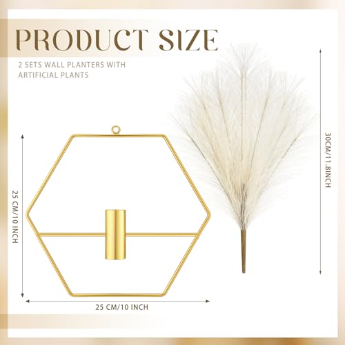 Peryiter 2 Pcs Boho Wall Decor Metal Gold Wall Art Hanging Planters with Artificial Pampas Modern Home Decor Display Art for Living Room Bedroom Bathroom(Hexagon) - style: Hexagon
