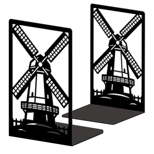 Peacoblue Metal Bookends for Shelves, Modern Decorative Heavy Duty Study Book Ends Stoppers for Office, Desk, Shelf, Room 5.3"x4.3"x7.9" Cast Iron Tall Bookends 1 Pair (Dutch Windmill and Fence) - style: Dutch Windmill and Fence