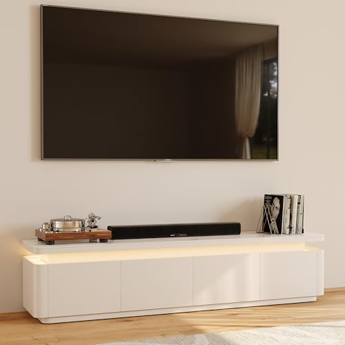 POVISON Fully Assembled 71" Mid-Century Modern TV Stand with LED Lights, Glossy Sintered Stone Top Media Console for 65 Inch TV, Drop-Down Doors & Drawers, Open Storage for Living Room - color: White, size: 71"