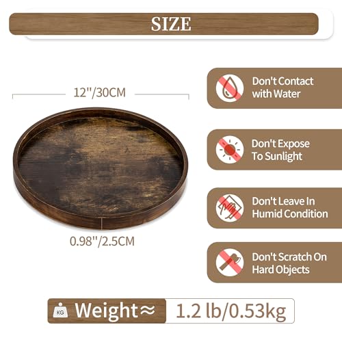 Hanobe DecorativeTray for Coffee Table : Round Vintage Brown Wood Trays for Home Decor - Farmhouse Circle Ottoman Plate for Kitchen Centerpiece Counter Display Living Room 12" - color: Brown