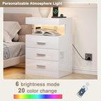 Treocho Led Nightstand with Hidden Space, Modern Night Stand with Charging Station, 3 Drawer Smart Nightstand with Glossy Finish, Tall Bedside Table with RGB Lights for Bedroom, White - color: White