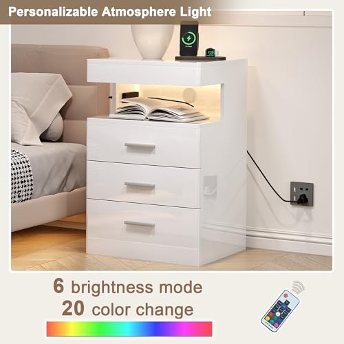 Treocho Led Nightstand with Hidden Space, Modern Night Stand with Charging Station, 3 Drawer Smart Nightstand with Glossy Finish, Tall Bedside Table with RGB Lights for Bedroom, White - color: White