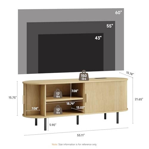 55" TV Stand with Power Outlet, Modern Media Console with Sliding Doors, Entertainment Center for TVs up to 60 Inch, Adjustable Shelves, Oak - color: Oak, size: 55 Inch