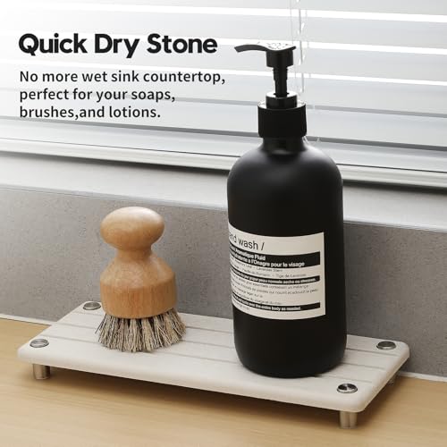 Razborci Quick Dry Bathroom Tray & Kitchen Sink Organizer, Water Absorbing Countertop Sponge Holder Soap Dish, Diatomaceous Earth Stone Vanity Dispenser Toothbrush Bottle, Gray Beige, 10" x 4" - color: 1. Greige, size: 10" x 4" x 1"