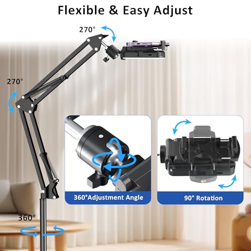 Floor Overhead Phone Tripod with Rechargeable Light for Cooking Videos, Move Around Phone Stand with Ring Light Content Creator Video Recording Selfie Photography TikTok Youtube Compatible with iPhone